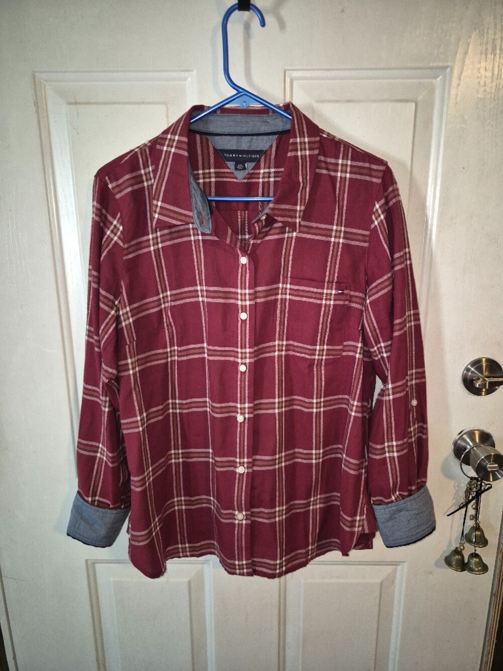 NWOT Tommy Hilfiger Burgundy Plaid Button Down Casual Shirt Contrast Trim L